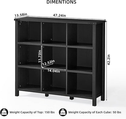9 Cube Bookcase, Farmhouse 47 Inch Wide Black Bookshelf, Wooden 3 Tier Display - Image 3
