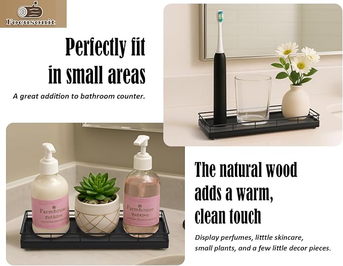 Bathroom Tray for Counter, Oak Wood 11" L Small Vanity Tray for Dresser Tops - Image 3