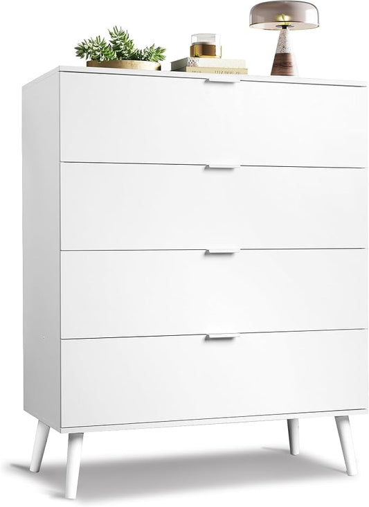 WLIVE 4 Drawer Dresser for Bedroom, Wooden White Tall Dresser, Modern Dressers by WLIVE
