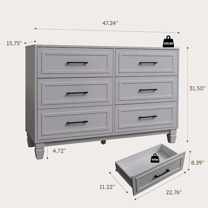 Farmhouse Dresser for Bedroom, 6 Drawer Dresser - Image 2