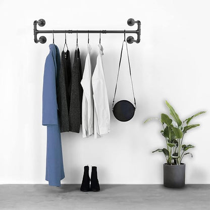 54” Wall Mounted Clothes Rack, Industrial Pipe Black Iron Garment Bar, - Image 5