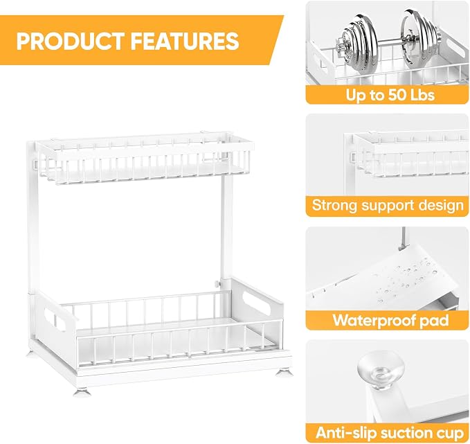 Under Sink Organizer Storage 2-Tier Premium Metal Pull-Out Racks, Height - Image 6