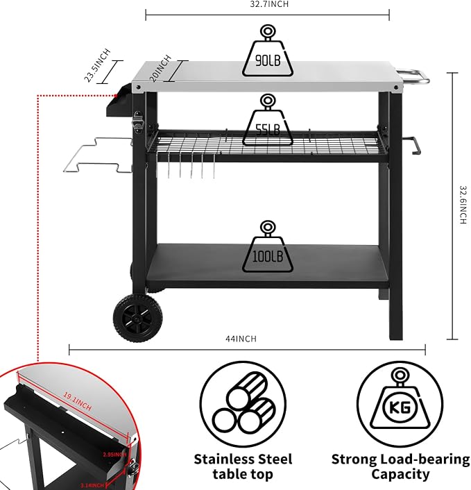Grill Cart Table with Three Shelf, Movable Outdoor Dining Cart Pizza Oven Stand - Image 5