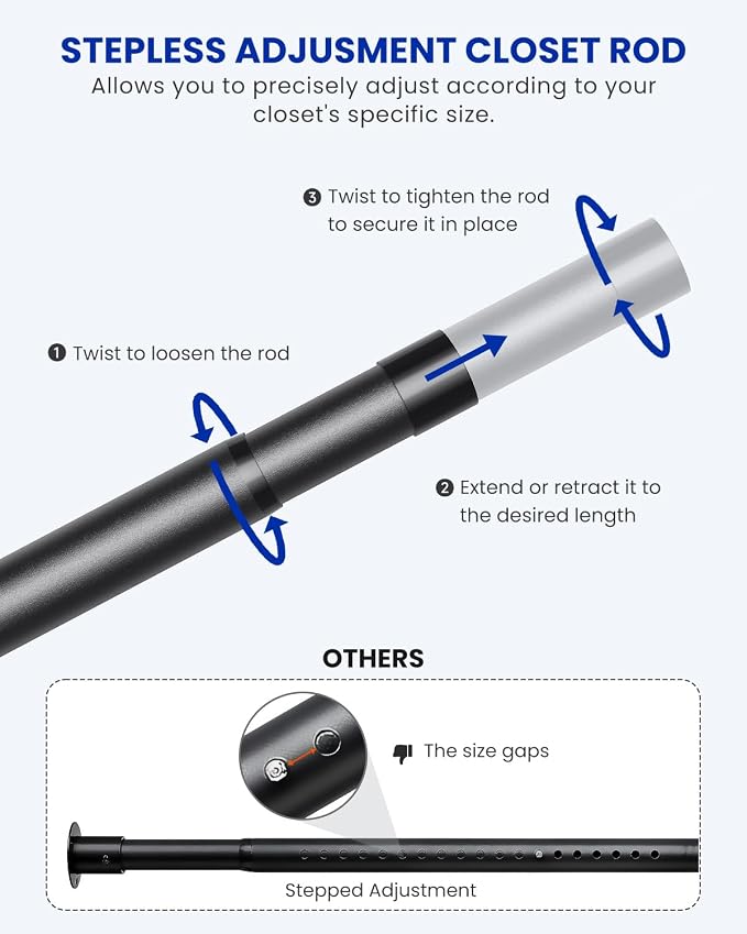 Closet Rods for Hanging Clothes, 17 to 159 Inches Stepless Adjustable Metal - Image 2