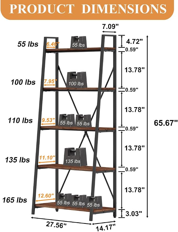 BON AUGURE Ladder Shelf Bookcase, 5-Tier Industrial Ladder Bookshelf, Tall - Image 2