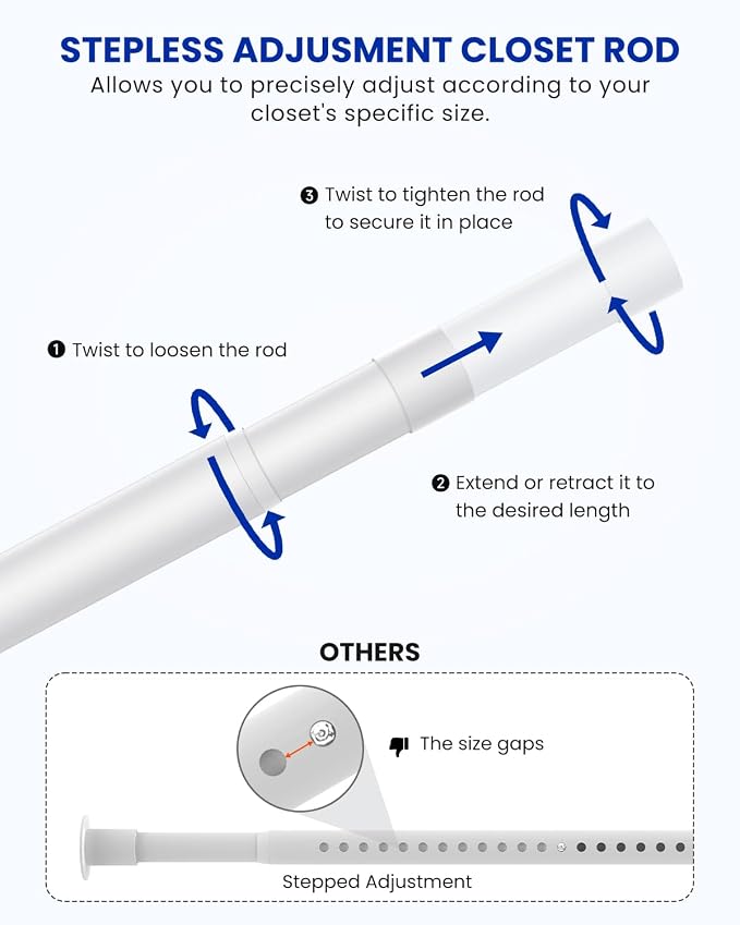 Closet Rods for Hanging Clothes, 17 to 99 Inches Stepless Adjustable Metal - Image 2