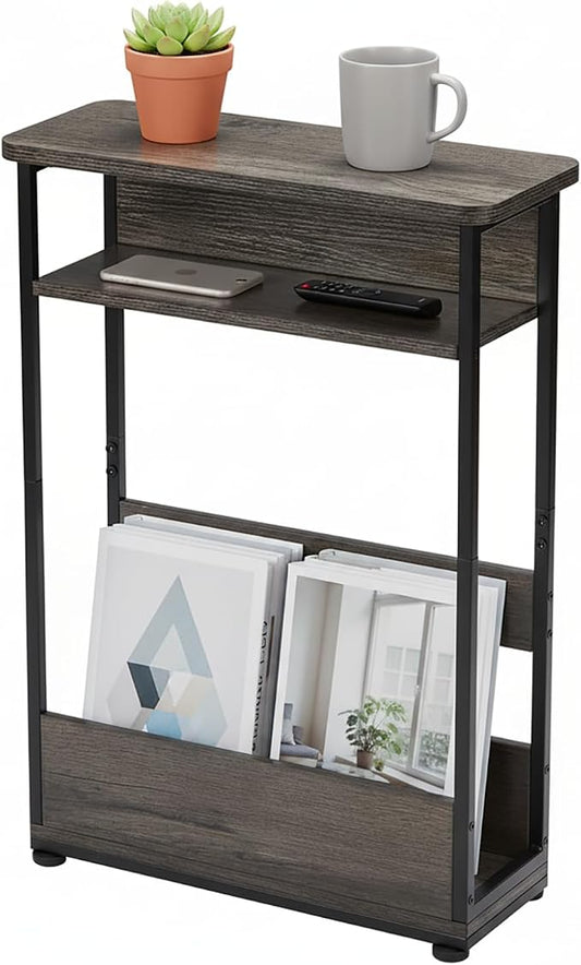 Vintage Narrow Side Table with Storage Shelf, 3 Tier Slim End Table Modern Sofa by YEAKOO