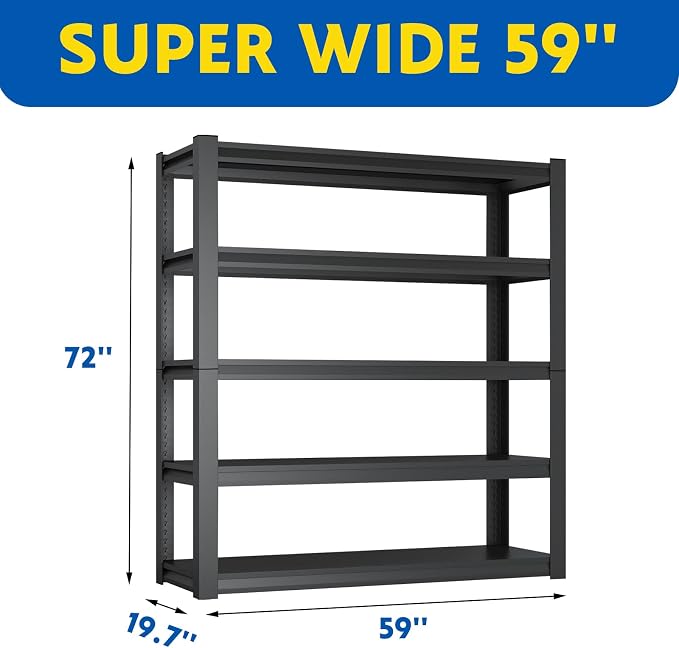 72''H Garage Shelving Heavy Duty, 3000LBS Storage Shelves, 5-Tier Adjustable - Image 3