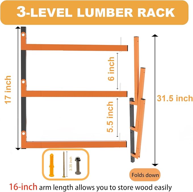 Lumber Rack Wall Mount, Heavy Duty Wood Storage Racks, 3-Level System Garage - Image 2