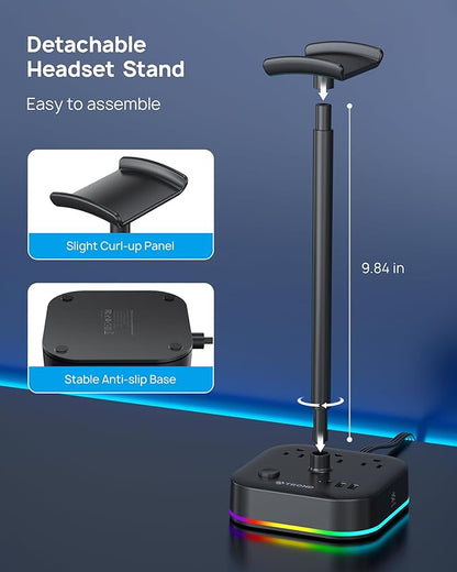 TROND Headphone Stand with USB C, Desk Gaming Headset Holder with 3 AC Outlets - Image 5
