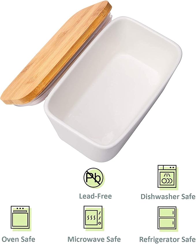 Butter Dish with Lid, LARGE 650ml Porcelain Keeper with Bamboo Lid Cover - Image 5
