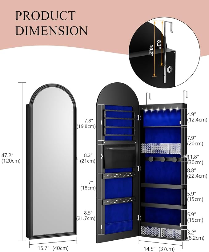 Jewelry Cabinet Organizer with Mirror, 47 inch Lockable Full-Length Mirror - Image 8
