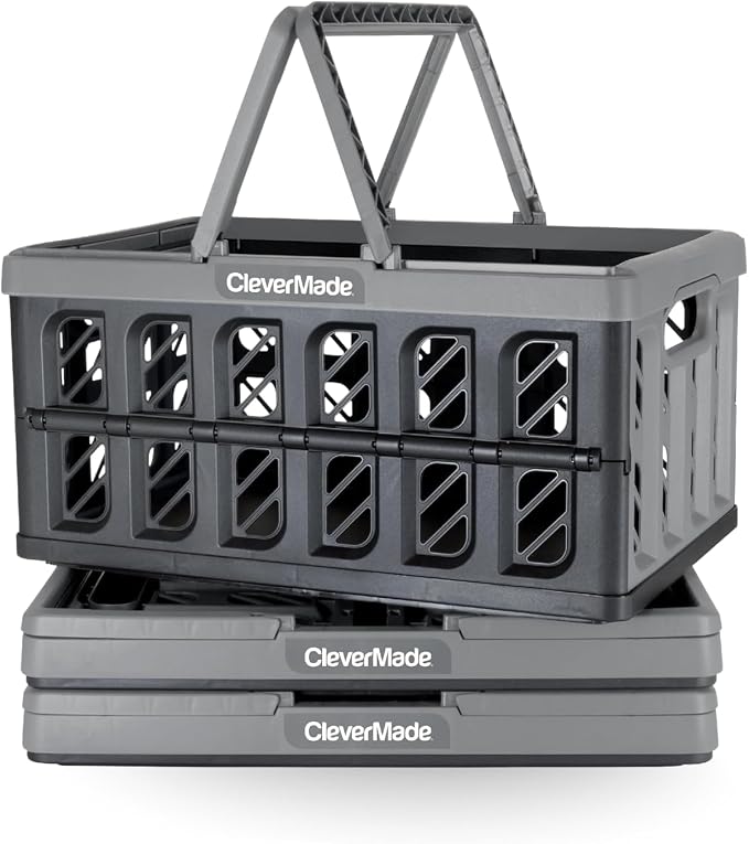 CleverMade Collapsible Shopping Basket, 3PK - 24L Reusable Plastic Grocery by CleverMade