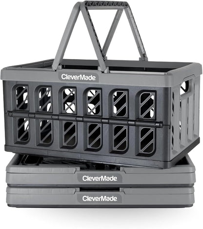 CleverMade Collapsible Shopping Basket, 3PK - 24L Reusable Plastic Grocery by CleverMade