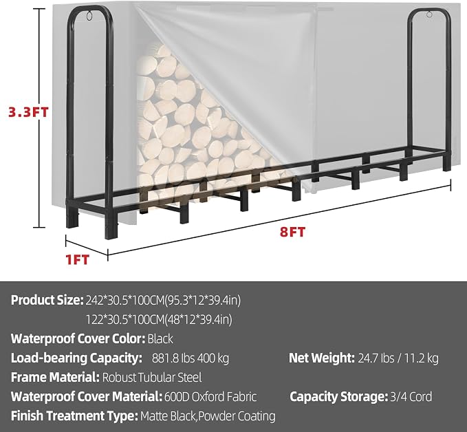 8FT Firewood Rack Outdoor with Cover, Heavy Duty Adjustable Firewood log - Image 6