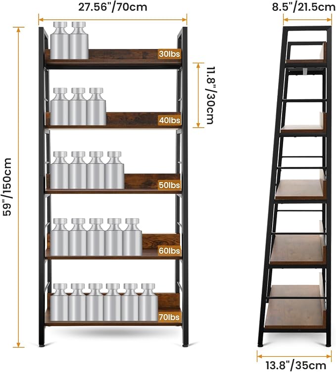 Himimi Bookshelf, Industrial Wood Bookshelves and Bookcases, Ladder Shelf 5 Tier - Image 3