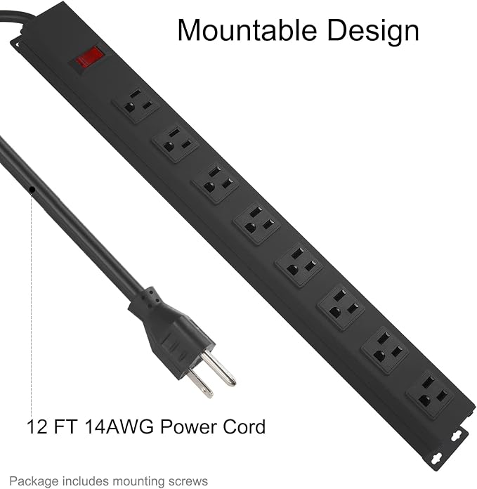 Metal 8 Outlet Mountable Power Strip, Wall Mount Outlet Heavy Duty, Wide Spaced - Image 3