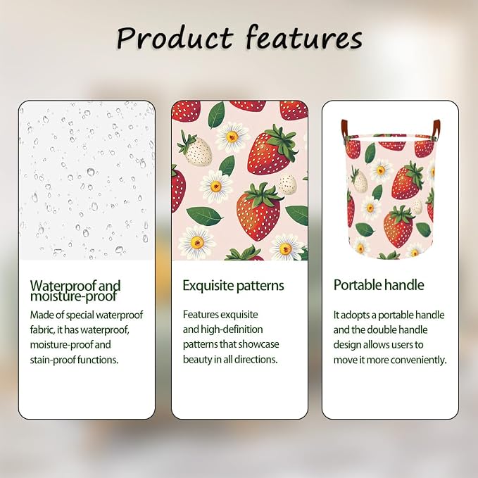 Laundry Baskets 15.7x19.7 Inch Large Strawberry Daisy Design Collapsible - Image 2