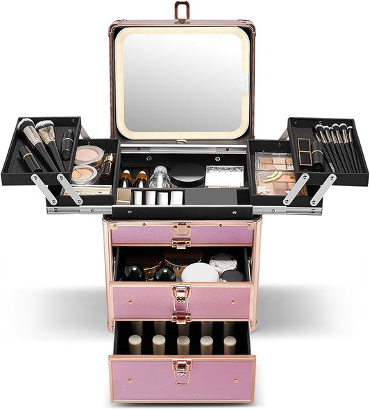 Qislee Makeup Box with Double Drawers and Four Trays, Detachable Lighted Mirror by Qislee