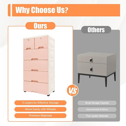5-Layers Plastic Dresser with 6 Drawers Movable Chest of Drawers Locked Storage - Image 9