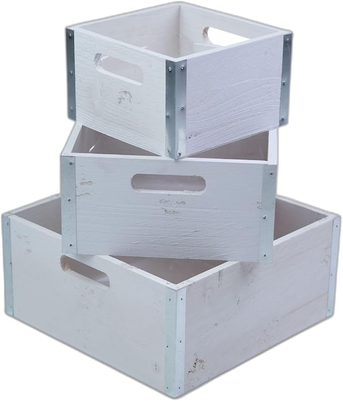 wald imports - Set of 3 Rustic Whitewash Wooden Crates by WaldImports