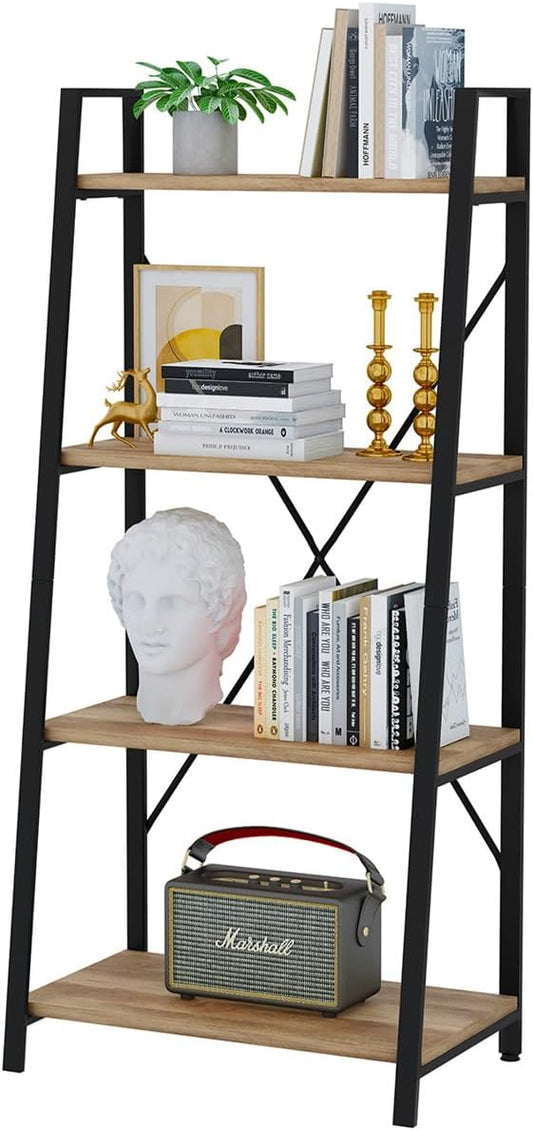 BON AUGURE Farmhouse Ladder Shelf Bookcase, 4 Tier Rustic Ladder Bookshelf by BONAUGURE