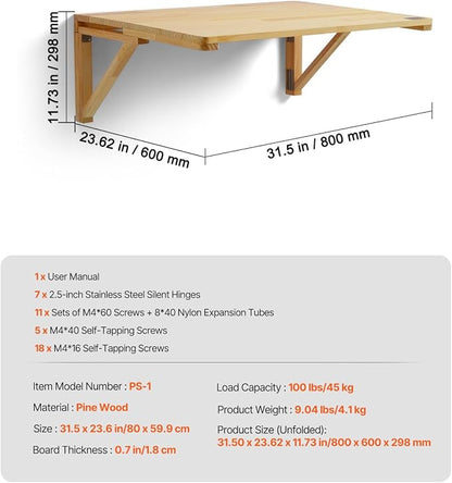 VEVOR Wall-Mounted Folding Table, 31.5 x 23.62 inch, Wooden Drop Leaf Floating - Image 3