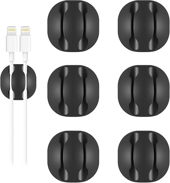 Shintop Cable Clips, 6 Pack Black Double Cord Holder Adhesive Cable Management by Shintop