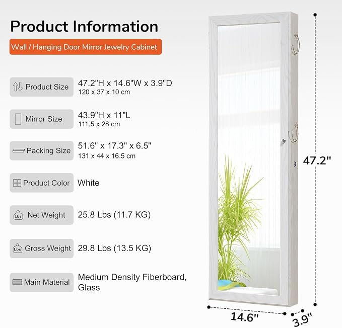 GISSAR Jewelry Mirror Armoire Wall Mount Over The Door Cabinet Storage - Image 6