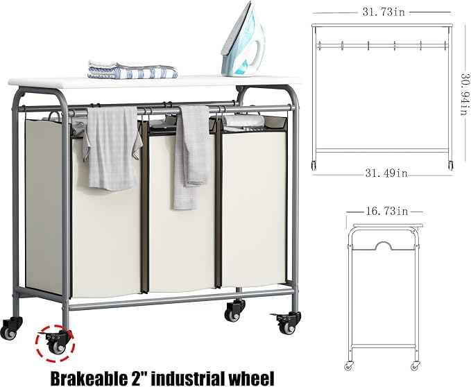 LINZINAR 3 Bag Laundry Basket Sorter Heavy Duty Rolling Lockable Wheels Laundry - Image 5