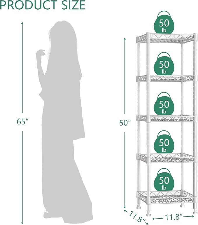 GIOTORENT 5 Tier Standing Shelving Metal Units, Adjustable Height Wire Shelf - Image 7
