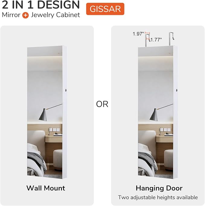 GISSAR Full Length Mirror Jewelry Cabinet, 6 LEDs Jewelry Armoire Wall Mounted - Image 6