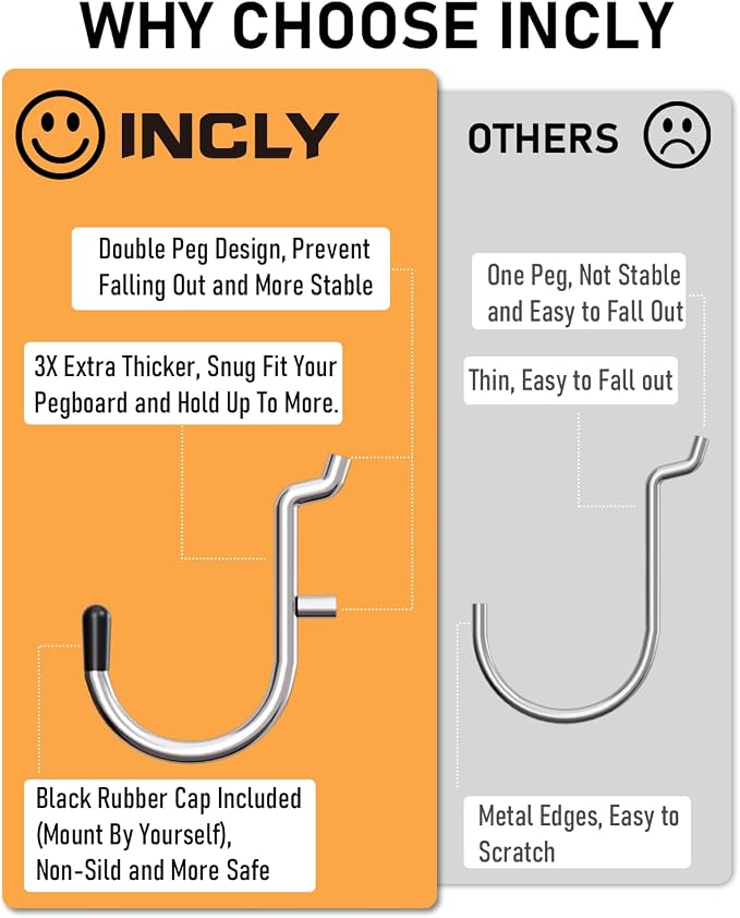 INCLY 1/4" Pegboard Hooks Set for Hanging - Image 2