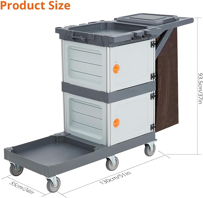 Commercial Janitorial Cleaning Cart: 3 Shelves + 2 Cabinets + Oxford Bag + Cover - Image 2
