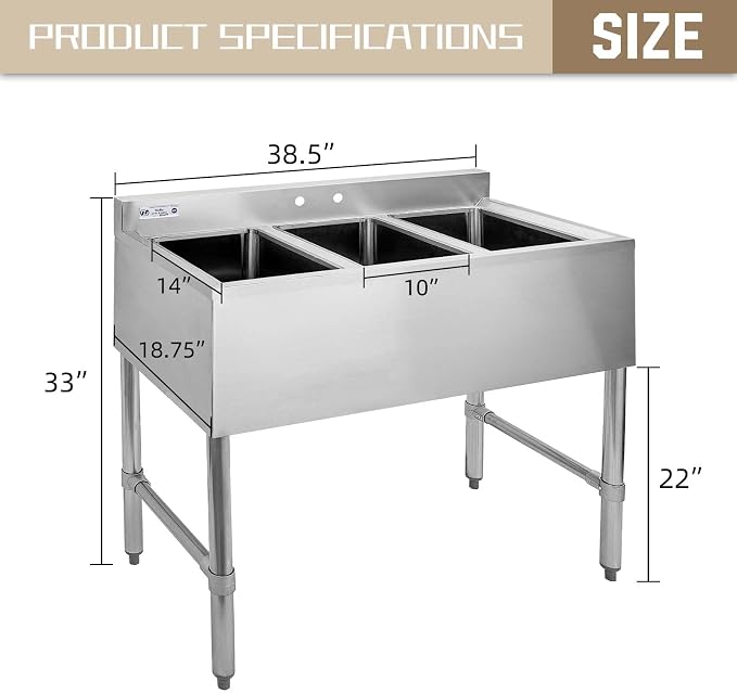 HALLY 3 Compartment Sink of Stainless Steel NSF Commercial Utility Basin - Image 2