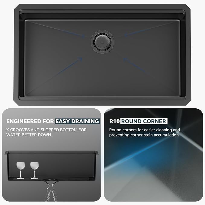 Lordear Matte Black Kitchen Sink 33 Undermount Kitchen Sink 33X19 Inch Ledge - Image 6