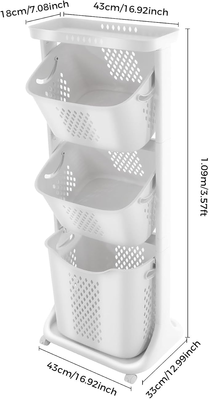 3 Tier stackable Laundry Basket Sorter Portable Rolling Cart Clothes Storage - Image 2