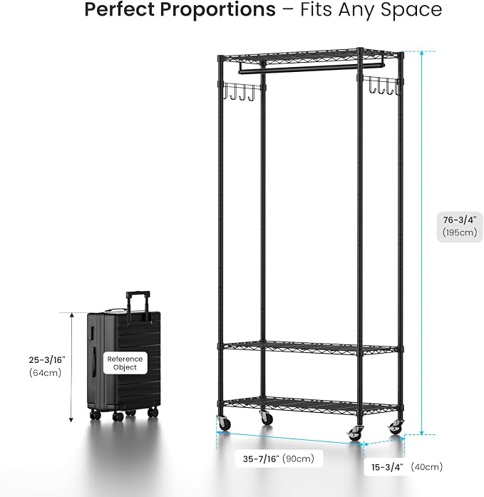 Garment Rack Heavy Duty 3 Tiers Adjustable Freestanding Metal Rolling Clothing - Image 5