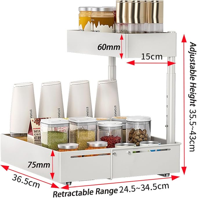 Under Sink Organiser, 2 Tier Pull Out Cabinet Organiser, Height Adjustable Out - Image 4