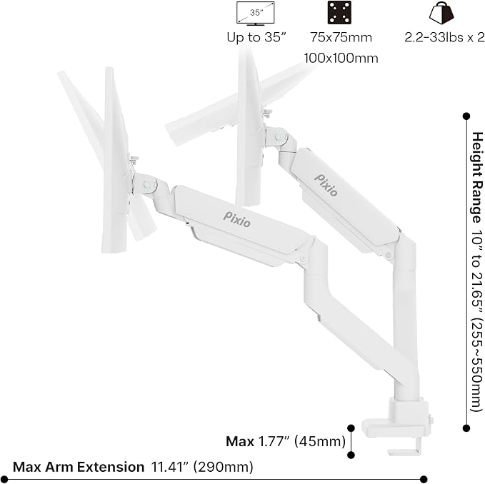 Pixio PS2D White Ultrawide Heavy-Duty Premium Dual Monitor Arm Stand Desk Mount - Image 4
