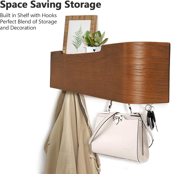 Coat Rack Wall Mount with Hidden Hooks Modern Key Holder Wood Entryway Hook - Image 2