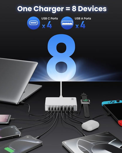 200W USB C Charger Block, GaN IV Charging Station 8 Ports, QC4.0 Fast Charging - Image 4