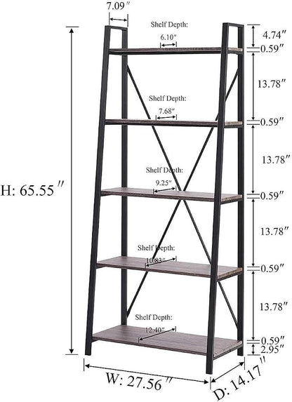 BON AUGURE 5-Tier Ladder Shelf, Industrial Leaning Bookcase, Wood and Metal - Image 3