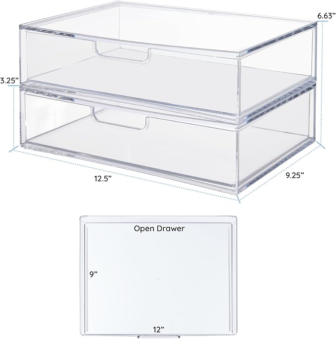 STORi STAX Plastic Stackable Organizer Drawers Clear | 12.5" Wide | Set - Image 3