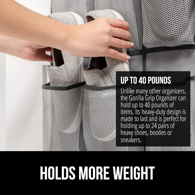GORILLA GRIP Over the Door Shoe Organizer, 2 Pack, 24 Breathable Mesh Pockets - Image 3