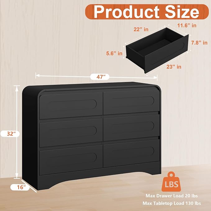 Black Dresser, Modern 6 Drawers Dressers & Chest of Drawers - Image 2