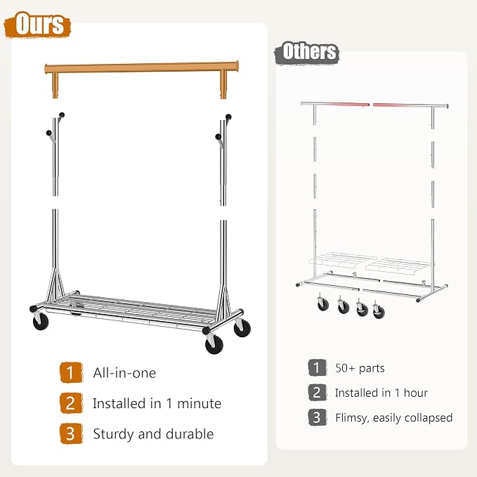 Heavy Duty Clothes Rack Load 530 lbs, Metal Rolling Clothing Rack - Image 4