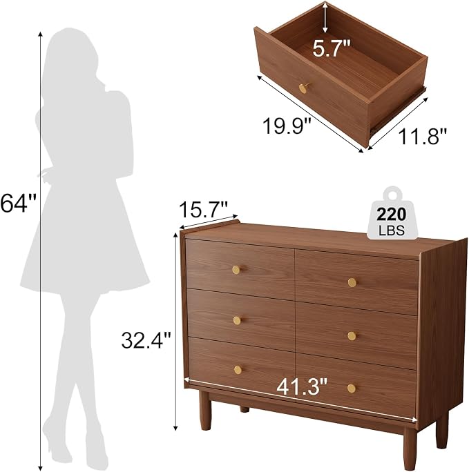 6 Drawer Dresser for Bedroom, 41.2" W Wood Chest of Drawers - Image 2