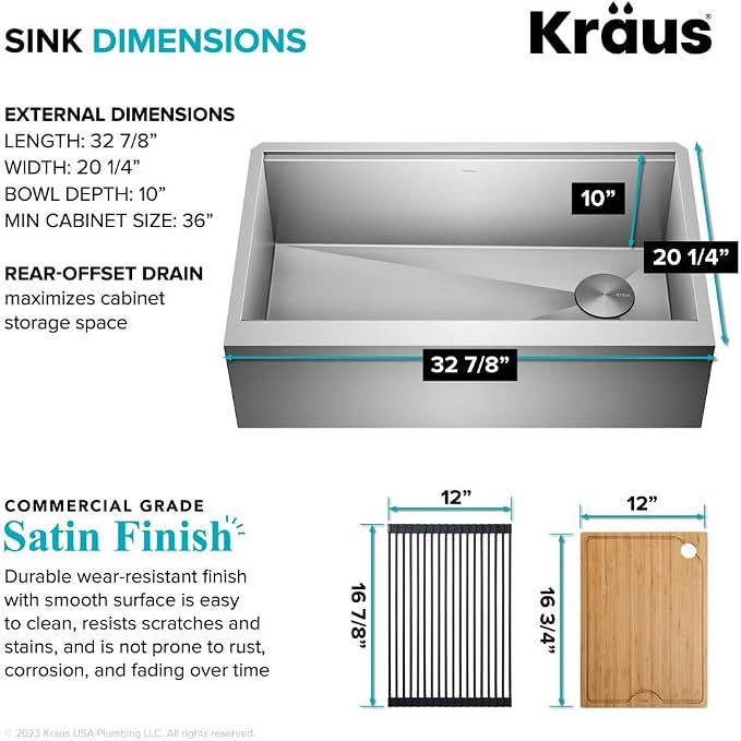 KRAUS Kore 33-Inch Farmhouse Workstation 16 Gauge Single Bowl Stainless Steel - Image 5