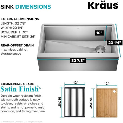 KRAUS Kore 33-Inch Farmhouse Workstation 16 Gauge Single Bowl Stainless Steel - Image 5